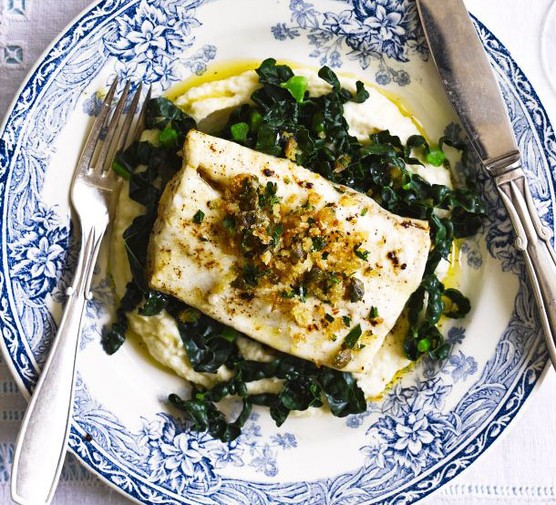 Brown butter-poached halibut with celeriac purée & caper crumbs recipe 