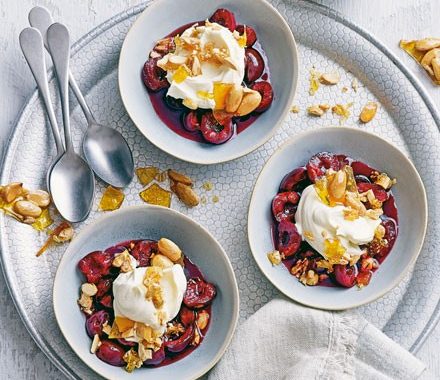 Cherry soup with whipped mascarpone & caramelised almonds recipe