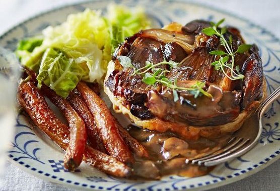 Chestnut & shallot tatins with mushroom & madeira sauce recipe