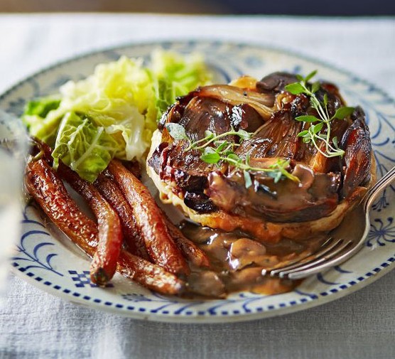 Chestnut & shallot tatins with mushroom & madeira sauce recipe 