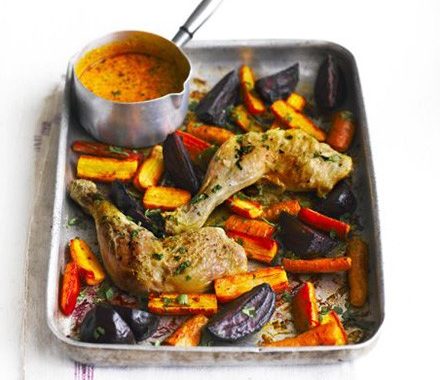 Roast chicken & roots with lemon & poppy seed sauce recipe