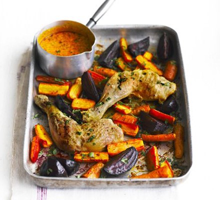 Roast chicken & roots with lemon & poppy seed sauce recipe 