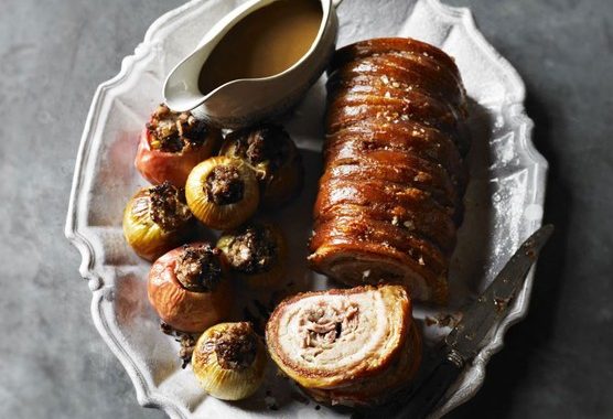Crackle roast pork with sausage-stuffed apples & onions recipe