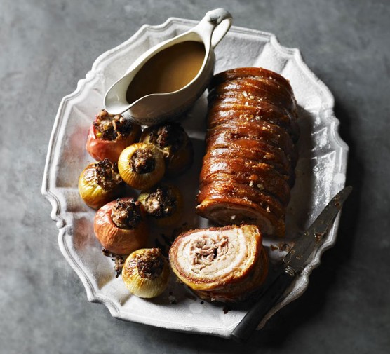 Crackle roast pork with sausage-stuffed apples & onions recipe 