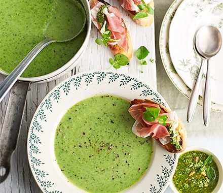 Creamy spring soup with goat's cheese & prosciutto toasts recipe