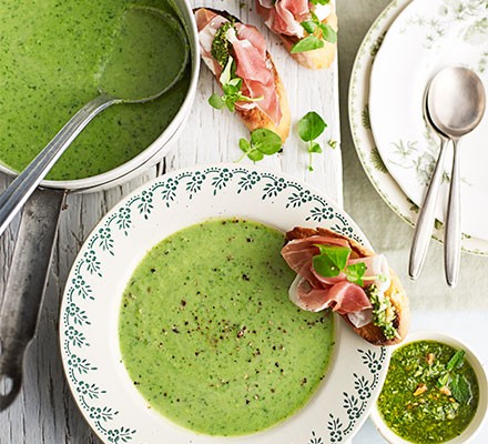 Creamy spring soup with goat's cheese & prosciutto toasts recipe 