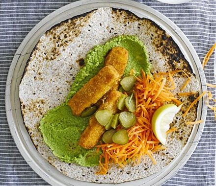 Fish finger wraps with pea purée recipe