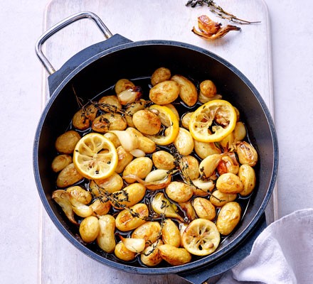 Garlic & lemon thyme poached potatoes recipe 