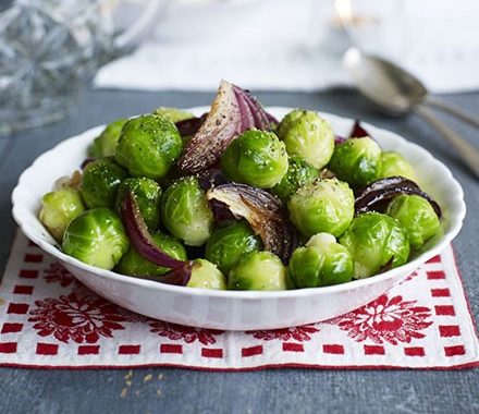 Glazed sprouts with caramelised red onions recipe