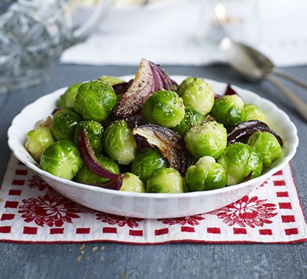 Glazed sprouts with caramelised red onions recipe 
