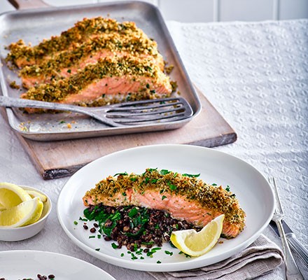 Gremolata-crusted salmon with lentils & spinach recipe 
