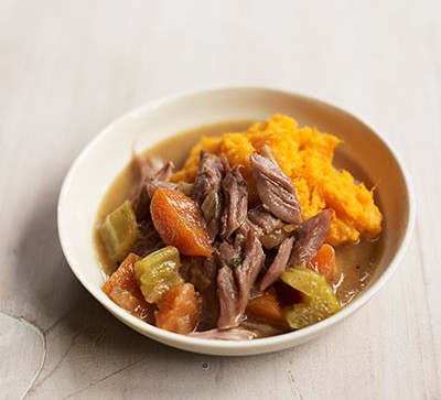 Weaning recipe: Slow-cooked lamb & veg with sweet potato & carrot mash