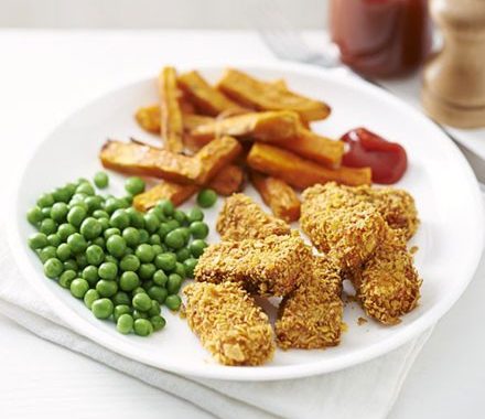 Salmon nuggets with sweet potato chips recipe