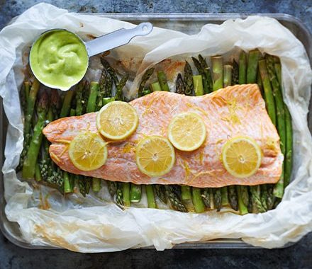 Poached salmon & asparagus with wild garlic mayonnaise recipe