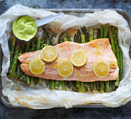 Poached salmon & asparagus with wild garlic mayonnaise recipe 