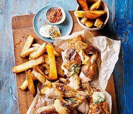 Quick roast chicken & homemade oven chips with kiev butter recipe