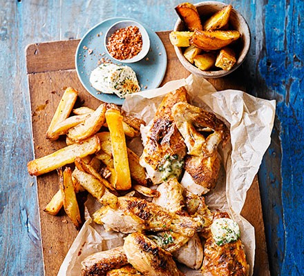 Quick roast chicken & homemade oven chips with kiev butter recipe 