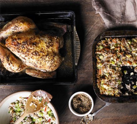 Mustard-glazed roast chicken with Waldorf stuffing recipe 