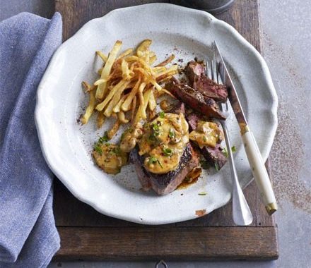 Venison steaks with stroganoff sauce & shoestring fries recipe