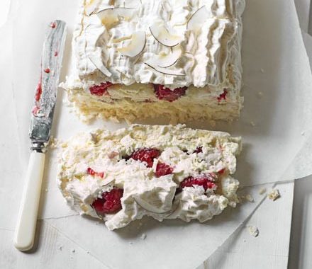 Coconut, raspberry & lime meringue slice recipe