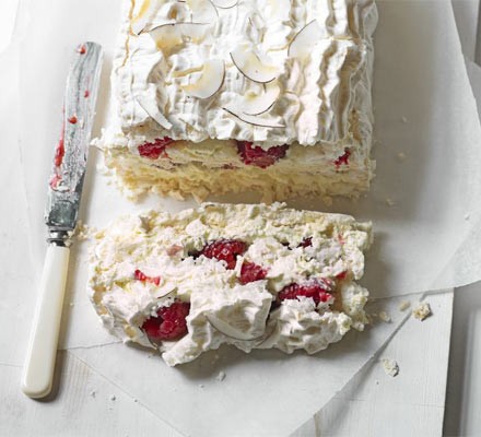 Coconut, raspberry & lime meringue slice recipe 