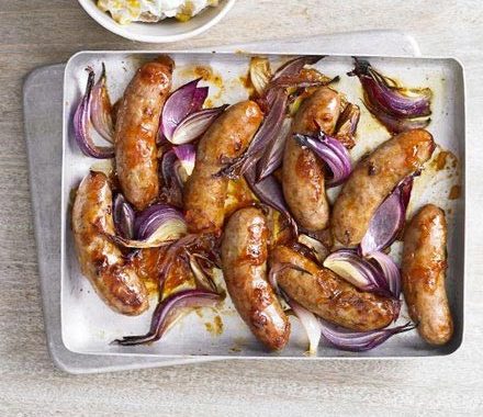 Sticky sausages with potato sweetcorn salad recipe