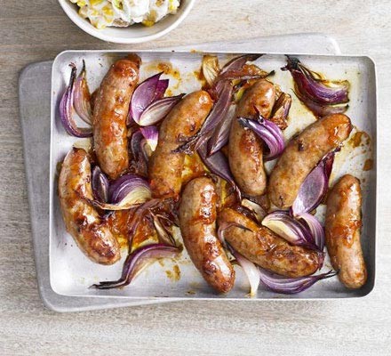Sticky sausages with potato sweetcorn salad recipe 