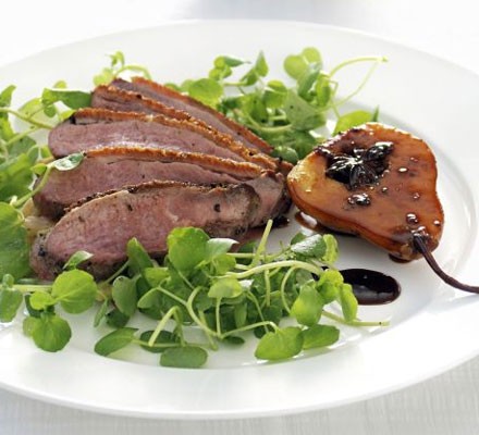 Pan-fried duck breast with creamed cabbage, chestnuts & caramelised pear  recipe 