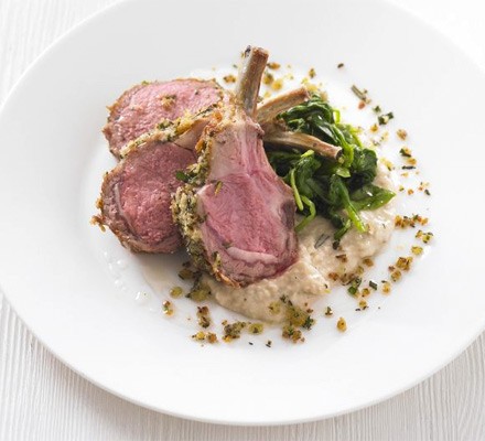 Herb-crusted rack of lamb with white bean purée recipe 