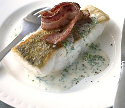 Pollock with parsley sauce & crisp bacon recipe