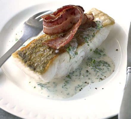 Pollock with parsley sauce & crisp bacon recipe 