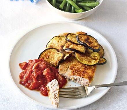 Breadcrumbed pork with grilled aubergine & spicy tomato sauce recipe
