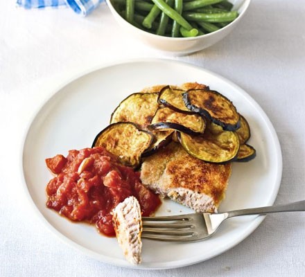 Breadcrumbed pork with grilled aubergine & spicy tomato sauce recipe 