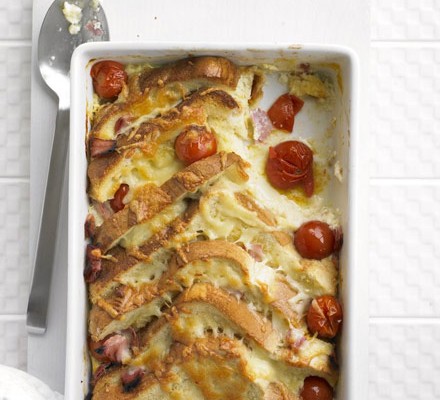 Cherry tomato & ham bread & butter bake recipe 