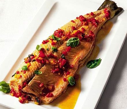 Oven-poached salmon with sweet pepper & basil sauce recipe