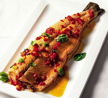 Oven-poached salmon with sweet pepper & basil sauce recipe 