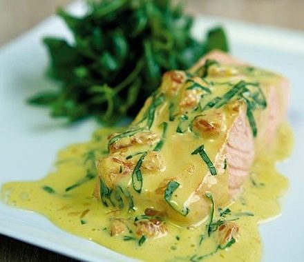 Poached salmon with pink grapefruit & basil sauce recipe