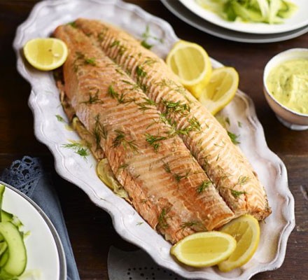 Parcel-poached salmon with herby mayonnaise recipe 
