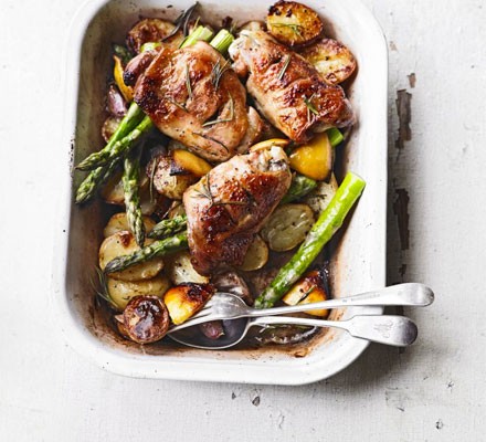 Rosemary roast chicken thighs, new potatoes, asparagus & garlic recipe 