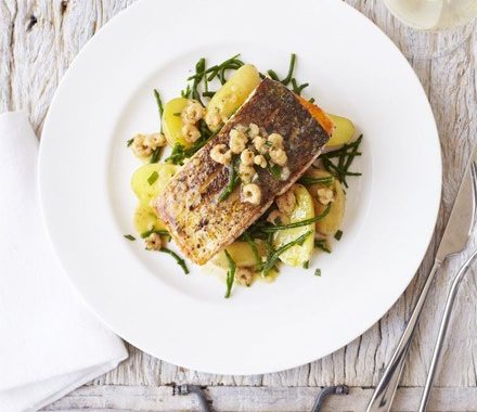 Sea trout with samphire, potted shrimp & lemon recipe