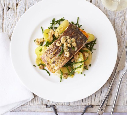 Sea trout with samphire, potted shrimp & lemon recipe 