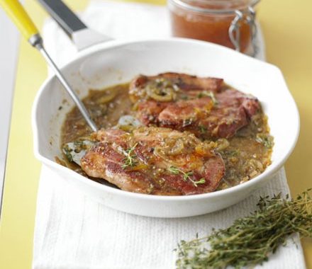 Sticky thyme & mustard bacon chops recipe