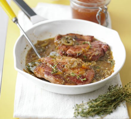 Sticky thyme & mustard bacon chops recipe 