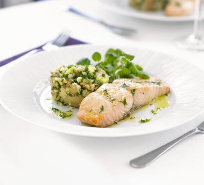 Confit of salmon with new potato & crab crush & dill drizzle recipe