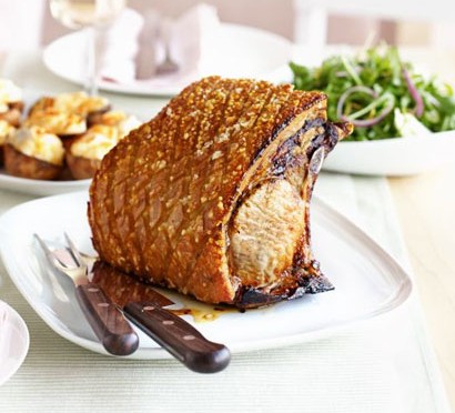 Crisp roast pork with honey mustard gravy recipe