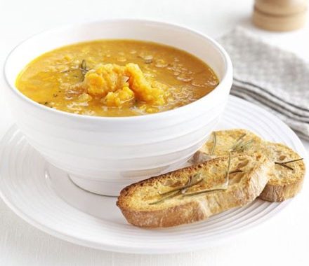 Sweet potato & rosemary soup with garlic toasts recipe