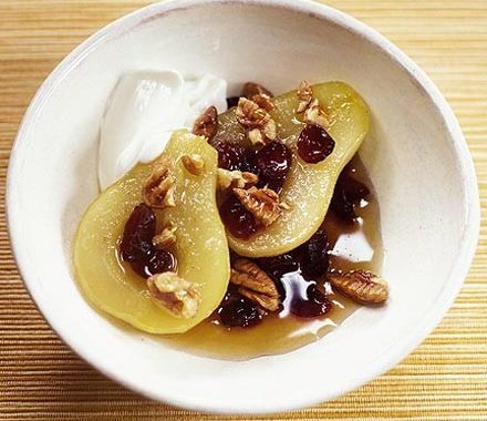 Maple pears with pecans & cranberries recipe