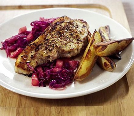 Pork chops with fruity red cabbage recipe
