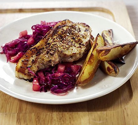 Pork chops with fruity red cabbage recipe 