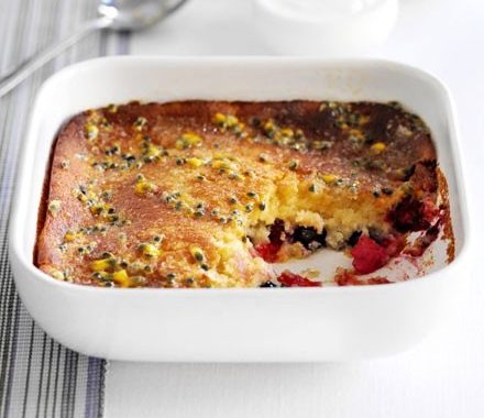 Berry bake with passion fruit drizzle recipe